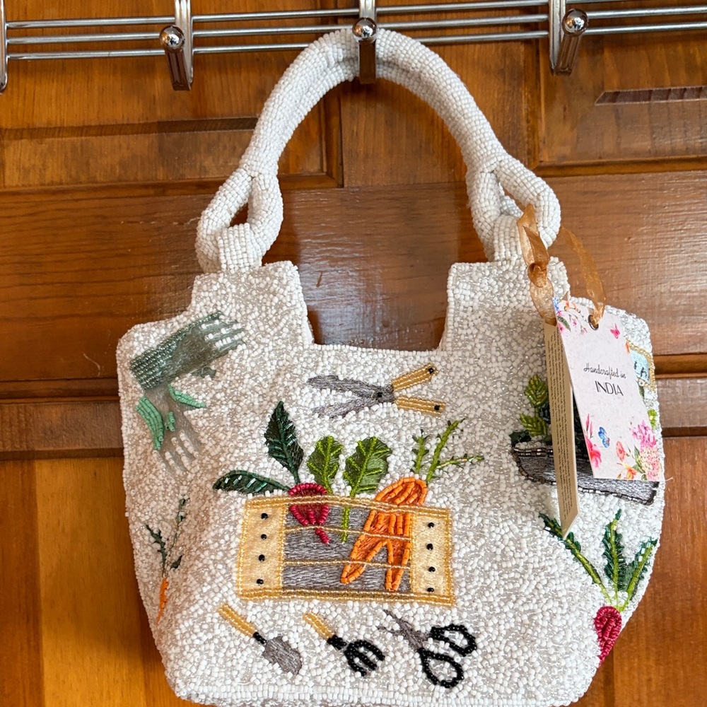 NWT Handcrafted in India Vegetable Gardening Beaded White Tote Bag